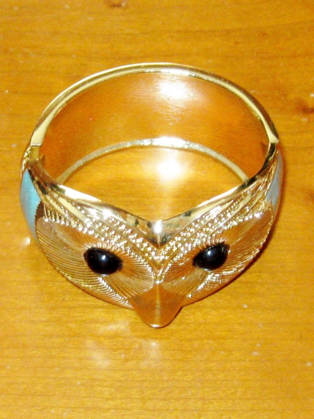 Owl Cuff Bracelet Seafoam Witchy Jewelry Black Eyes Goldtone Metal Spring Close